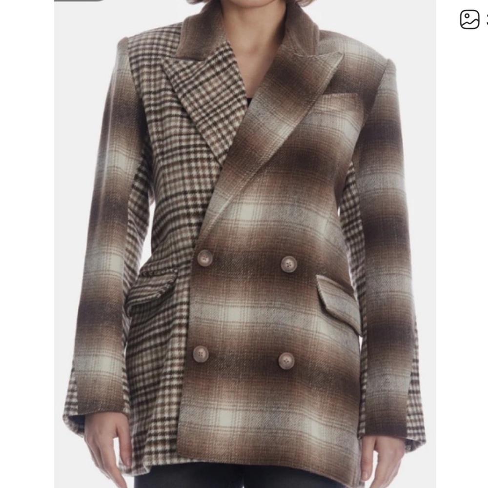 Avec Les Filles Mixed Media Brown Plaid Blazer